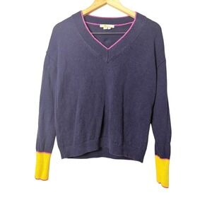 Boden Navy Blue V Neck Sweater Pink‎ Trim Yellow Cuffs Women US 4